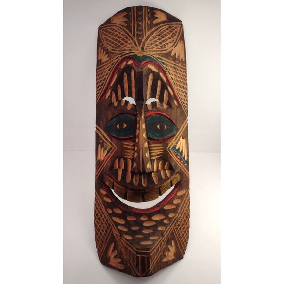 Large Hand Carved Tribal Wooden Wall Folk Art Mask Mexican Head 23.5" Tall